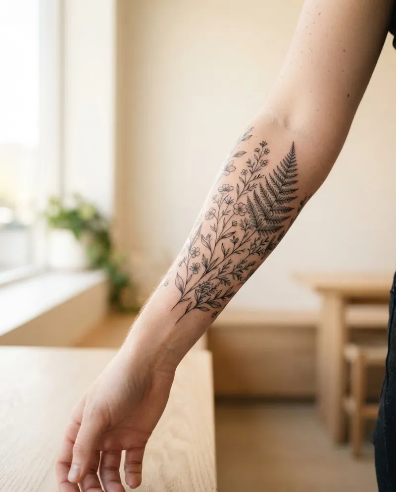 Tatuagem botânica fine line