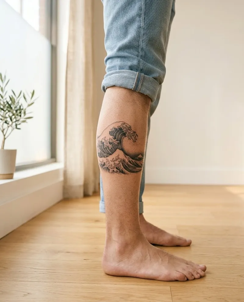 Tatuagem de onda em preto e cinza