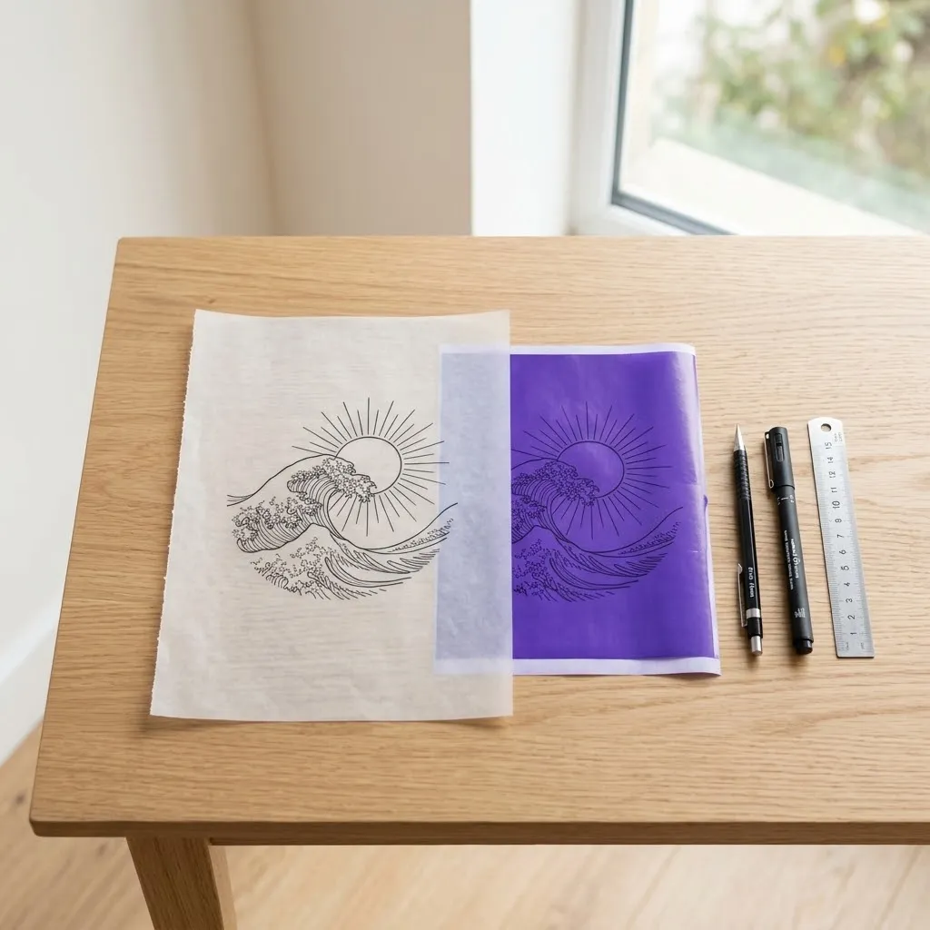 Desenho a traço em papel vegetal na mesa do estúdio