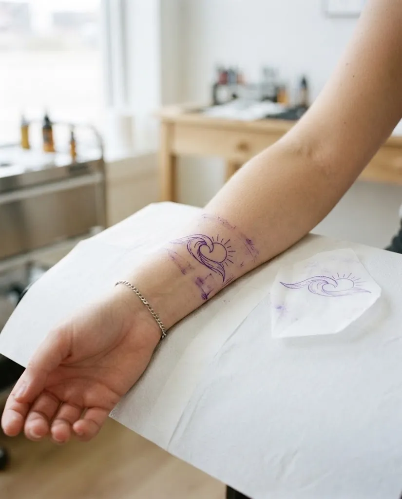 Stencil violeta acabado de transferir num antebraço, pronto a tatuar